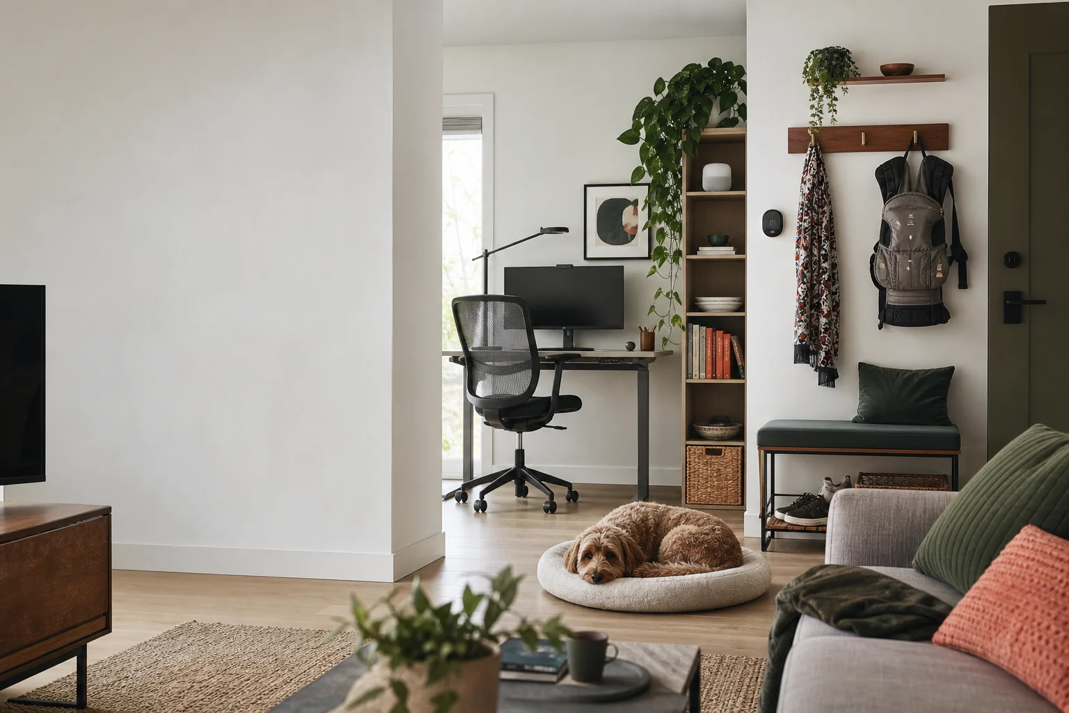 A lived-in connected home with a workspace, pet, family carrier, and smart-home details